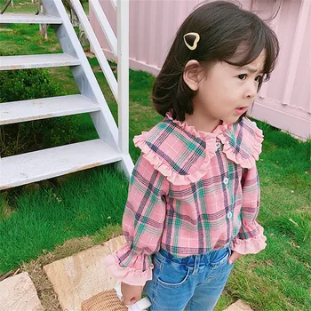 1-7T Yürüyor Çocuk Bebek Kız Giysileri Uzun Kollu Ruffles Ekose Gömlek Zarif Sevimli Tatlı Güzel Bluzlar Bahar Üst Bebek Kıyafeti