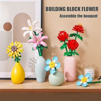 1 adet Yapı Taşı Çiçek Gül Karanfil Buketi Maç Oyuncak Ev Saksı Bitki Dekorasyon DIY Monte Tuğla Çocuk Hediye