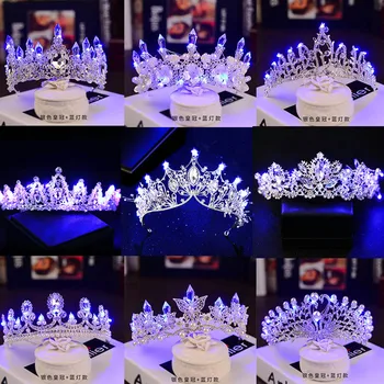 12 Stilleri Parlayan Tiaras Rhinestone Kristal İnci Düğün Gelin Taçlar mavi led ışık Aydınlık Prenses Taçlar Parti Diadem