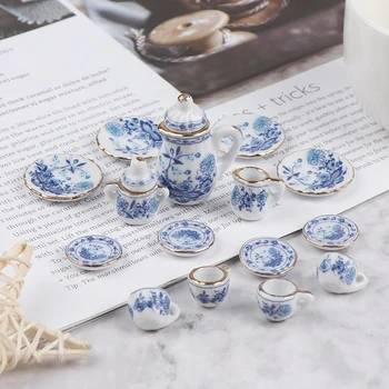 15 Adet / takım Vintage Minyatür Beyaz porselen çay seti Pot Fincan Tabak Sofra Dollhouse Ev Modeli Odası Eşyaları Mobilya Dekor