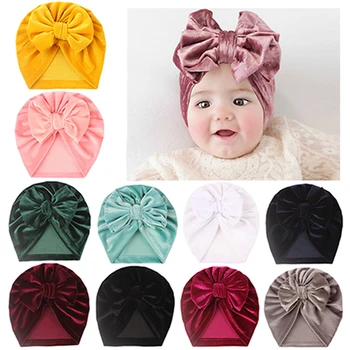 18*19 CM Bebek Rahat Yumuşak Altın Kadife Şapka düz Renk el Yapımı Bowknot Bebek Caps Çocuklar Saç Aksesuarları Fotoğraf Sahne