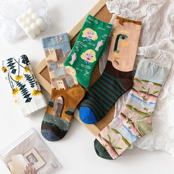 1pair Nefes Kızlar Sonbahar Kış İçin Kadınlar için Orta Tüp Çorap Çiçek Desen Pamuk Çorap Soyut Sanat Çorap İyilik 