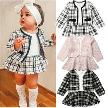 2 ADET Sonbahar Kış Bahar Parti Bebek Kız Giysileri Ekose Ceket Üstleri + Tutu Elbise Resmi Kıyafetler İçin Fit 0-6 yıl