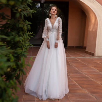 2021 düğün elbisesi Fener Kollu V Boyun Bohemian Dantel Tül gelin elbiseleri Sweep Tren Geri Zip gelinlik