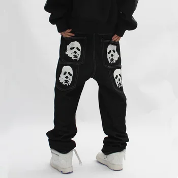 2022 Gotik Kot Erkekler Hip Hop Streetwear Yarasa Maskesi Baskılı Punk Kot Pantolon Moda günlük dökümlü pantolon Düz Pantolon Siyah