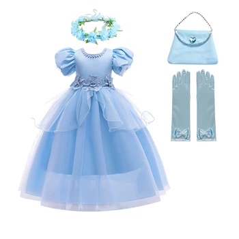 2022 Külkedisi Yeni Balo Karnaval Akşam Elbise Çocuk Cosplay Kostüm Kızlar Prenses Doğum Günü Partisi Mavi Puf Elbise Taç Çanta