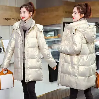 2022 Parlak aşağı pamuklu ceket kadın uzun paragraf pamuklu ceket Kore versiyonu gevşek kalınlaşmış kış metre pamuklu ceket