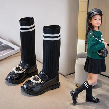 2022 Prenses Kore Çorap Yüksek Çizmeler Bahar İnciler ve Metal Zincirler Kış Çocuk Moda PU Kızlar Ayakkabı Podyum Gösterileri