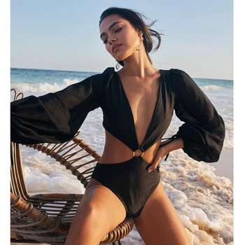 2022 Uzun Kollu Tek Parça Mayo Kadınlar Mayo Patchwork Mayo Hollow Out Plaj Kıyafeti Yastıklı Bodysuit Monokini Kadın