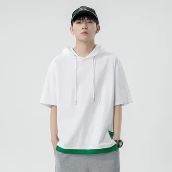 2022 Yaz Kısa Kollu Hoodie Sahte 2 Parça Spor Basketbol Hip Hop Kapşonlu Erkekler Kore Tarzı Moda Yakışıklı Erkek Giyim