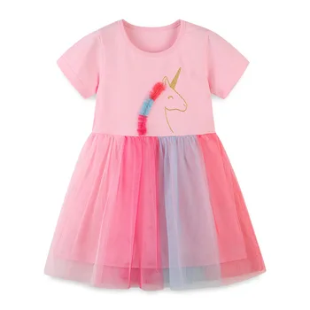 2022 Yaz Yeni Kız Örgü Elbise Karikatür yuvarlak Boyun Sevimli Dantel Prenses Elbise Renkli Gazlı Bez Elbise Unicorn Baskı Toddler 2-7T