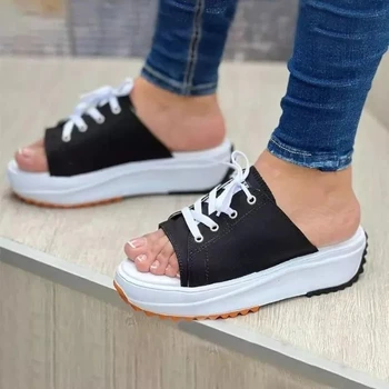 2022 Yaz Yeni Slaytlar Kadın Balık Ağzı kanvas ayakkabılar Moda Burnu açık kadın ayakkabısı Kalın Alt Dantel-Up sandaletler ve terlikler
