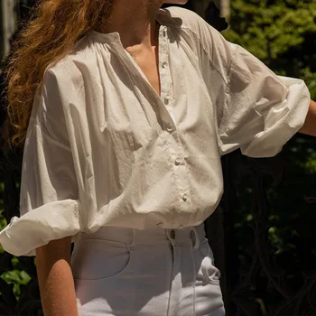 2022 Yeni %100 % Pamuk Kadın Üstleri Ve Bluz Vintage Standı Boyun Uzun Kollu Düğme Gömlek Camisas Mujer