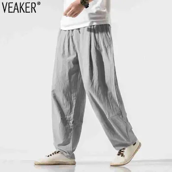 2022 Yeni erkek Nefes Keten pantolon Erkek Yaz Rahat Düz Renk Gevşek Geniş Bacak Pantolon pantolon Streetwear Artı Boyutu M-5XL