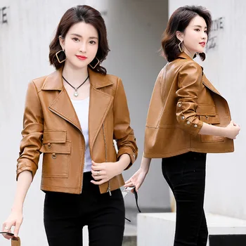 2022 yeni kadın bahar giyim Kore versiyonu kısa ceket yüksek bel ince pu ince biker deri ceket küçük deri ceket
