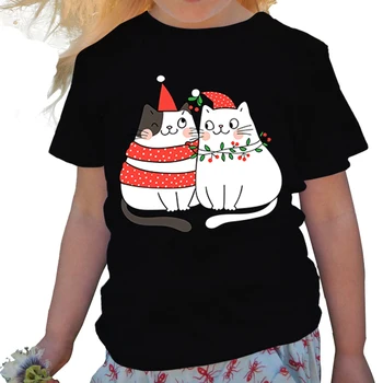 2022 Yeni Noel Karikatür Kedi Monogram Çerçeve Baskı Yuvarlak Boyun 3-16y çocuk giyim Rahat Konfor Sonbahar Kız T-shirt