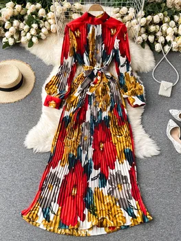 2023 İlkbahar Sonbahar Yeni Elbise Mizaç Balıkçı Yaka Bel İnce Uzun Kollu Lace Up Vahşi Çiçek Maxi Vestidos Kadın UK016
