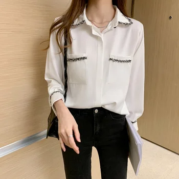 # 2033 Bahar Siyah Beyaz Şifon Gömlek Bluz Kadınlar Casual Ofis Gömlek Uzun Kollu Kore Tarzı Gevşek Bayan Üstleri Ve Bluzlar