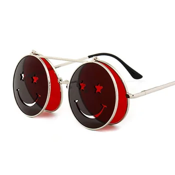 Bahar Menteşe Gözlük Sevimli Gülen Yüz Kadın Katlanır Punk Güneş Gözlüğü Benzersiz Erkekler Çift Lens Renkli Steampunk Gözlük UV400