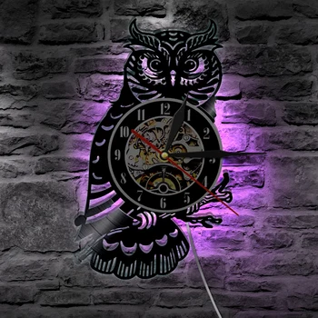Baykuş duvar saati Baykuş Vinil Kayıt duvar saati ışıklı led ışık Oturma odası Ev Dekorasyon Hediye reloj de pared relojes