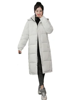 Beyaz 30 Derece Kalın Kış Parkas Ceket Kadınlar Uzun Diz boyu Aşağı Pamuklu Ceketler 2022 Yeni Kore Mavi Gevşek Kapşonlu Giyim