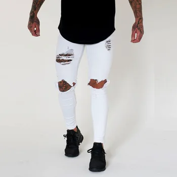 Beyaz Erkekler Diz Yırtık Delik Sıska Tahrip Kot Moda Slim Fit Hip hop Erkek Streetwear Pamuk Yüksek kaliteli Joggers Kot