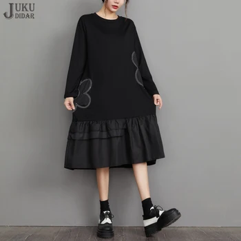 Büyük Boy Gevşek Fit Katı Siyah Yeni Sonbahar Moda Kadın Elbise Çiçek Yamalar Rahat Sevimli Giyim Tatil Büyük Elbise JJXD146