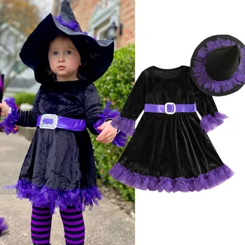 Cadılar bayramı kız elbisesi günlük kıyafetler Sonbahar 2022 Uzun Kollu Kontrast Renk Fırfır Yuvarlak Boyun evaze elbise ile cadı şapkası
