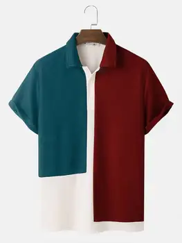 CharmkpR Sıcak Satış Tops Yeni Erkekler Tricolor Örme Yaka Bluz Moda Tüm Maç Erkek Kısa Kollu Stritching Düğme Gömlek S-2XL
