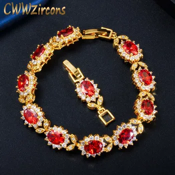 CWWZircons Nefis Sıcak Kırmızı Kübik Zirkonya Kristal Hint Altın Kaplama Çiçek Bağlantı Gelin Düğün Bilezik Kadınlar ıçin CB207