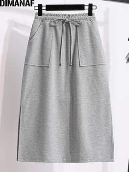 DIMANAF Kadın Etekler Giyim Pamuk Boy Gevşek Rahat Zarif Moda Bayan Dipleri Cepler Elastik Bel Katı Gri
