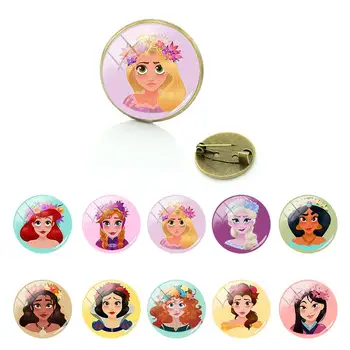 Disney Karikatür Kişilik Prenses Broş Vintage Charms Yuvarlak Cam Kubbe Pimleri Kızlar Kadın Aksesuarları El Sanatları Takı FWN476