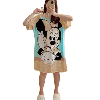 Disney Minnie Mouse Nightgowns Kadınlar Baskı Moda Tatlı Şık Gevşek Şık Güzel Ev Bayan Sleepshirts Kıyafeti Rahat