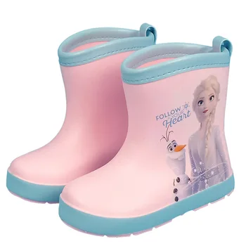 Disney çocuk yağmur çizmeleri Dondurulmuş Prenses Kız Elsa Spor Alt Artı Kadife Çıkarılabilir ayakkabı kaymaz Orta tüp yağmur çizmeleri