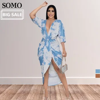 Düzensiz Artı Boyutu Elbiseler Kadınlar için Moda Batik V Boyun Dökümlü Seksi Maxi uzun elbise Pilili Toptan Dropshipping