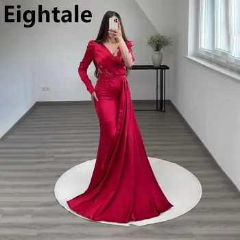 Eightale Kırmızı Mermaid Aplikler Akşam Elbise Uzun Lüks 2022 Ünlü Arapça Kat Uzunluk Uzun Kollu Balo Parti Kıyafeti