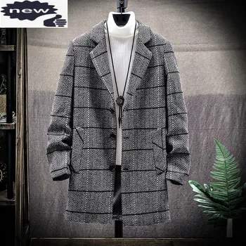 Erkek Kore Moda Çizgili Trençkot Sonbahar Kış Orta Uzun Sıcak Kalın Paltolar Sokak Tek Göğüslü Yün Karışımı Ceket