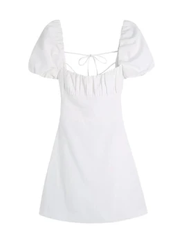 Evfer Bayanlar Vintage Kare Yaka Kısa Puf Kollu Yüksek Bel Beyaz Mini Elbise Kız Backless Moda P; eated Katı Kısa Elbise