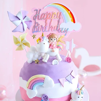 Gökkuşağı ünikorn Kek Topper Kız Bebek Duş 1st Doğum Günü Pastası Dekor Unicornio Doğum Günü Çocuklar Mutlu Doğum Günü Partisi Kek Topper