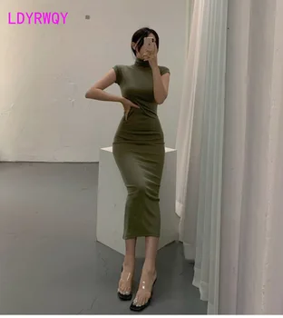 Güney Kore 2022 sonbahar giyim yeni ince seksi şekil mizaç kadın yüksek yaka kolsuz uzun elbise tabanı