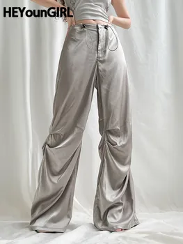 HEYounGIRL İpli Yüksek Bel Bayanlar Geniş Bacak Pantolon Zarif Rahat Temel Yan Kat Gevşek Jogger Pantolon Streetwear Vintage