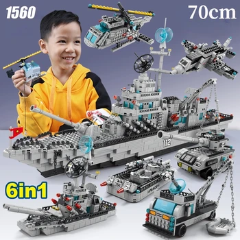 Ile uyumlu Lego1560pcs 6in1 Askeri Savaş Gemisi Yapı Taşları Ordu Silah Tekne Araba Kamyon Helikopter Tuğla Oyuncak Çocuklar için