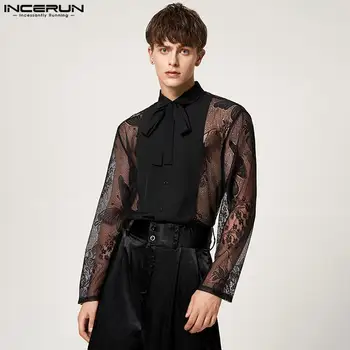 INCERUN Erkek Gömlek Dantel Patchwork Yaka Uzun Kollu Seksi Streetwear See Through Lace Up Camisas 2022 Moda Erkek Giyim S-5XL