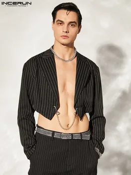 INCERUN Üstleri 2022 Amerikan Tarzı Yeni Erkek Çizgili Metal Zincir Blazer Moda Erkek Uzun kollu Kesilmiş Kişiselleştirilmiş Takım Elbise S-5XL