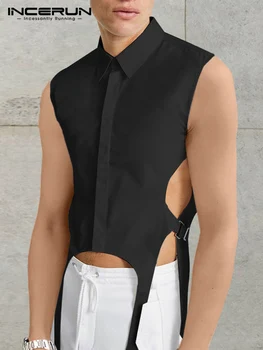 INCERUN Üstleri 2022 Amerikan Tarzı Yeni Erkekler Katı Tüm Maç Yaka Gömlek Moda Rahat Erkek Delikli Kısa kolsuz bluz S-5XL