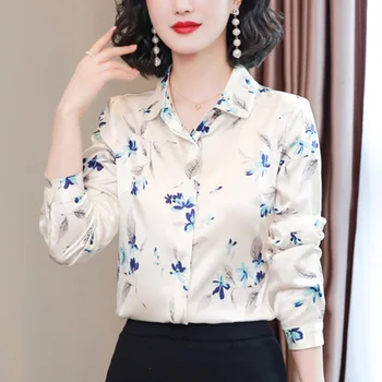 Ipek Kadın Gömlek Bluzlar Uzun Kollu Gömlek Kadın Saten Baskı Bluz Çiçek Üst Moda Giyim Kadın 2022 OL Düğme Gömlek