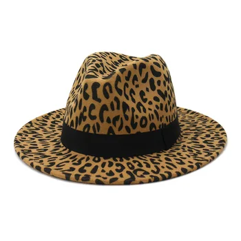 Kadın Geniş kenarlı fötr şapka Leopar Baskı Panama Fötr Kap Bant Polyester Geniş Kenarlı Erkek Fedora panama şapkası