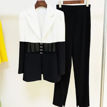 Kadın giyim Trendi Avrupa Amerika Sonbahar Colorblock Setleri Bayan Giyim 2 Parça Moda Perspektif Blazer Üst kalem pantolon