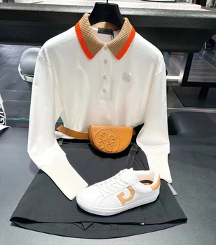 Kadın Golf Polo Gömlekler Moda Uzun Kollu Yüksek Kaliteli Yaka ve Kollu Örgü Malzeme Açık Spor Golf Üst