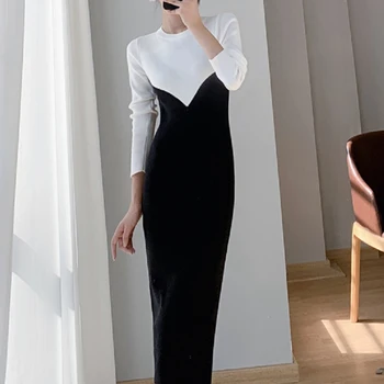 Kadın Kazak Sonbahar Kış Elbise 2021 Uzun Kollu O-Boyun Kadın Örme Elbise Patchwork Kore Moda Siyah Elbiseler Vestidos
